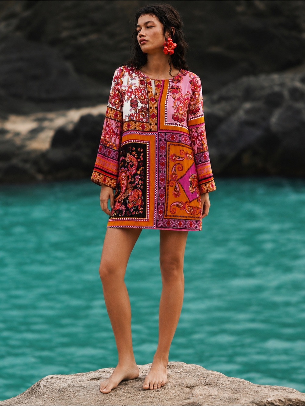 Hale Bob Pink and Orange Patchwork Tunic Dress